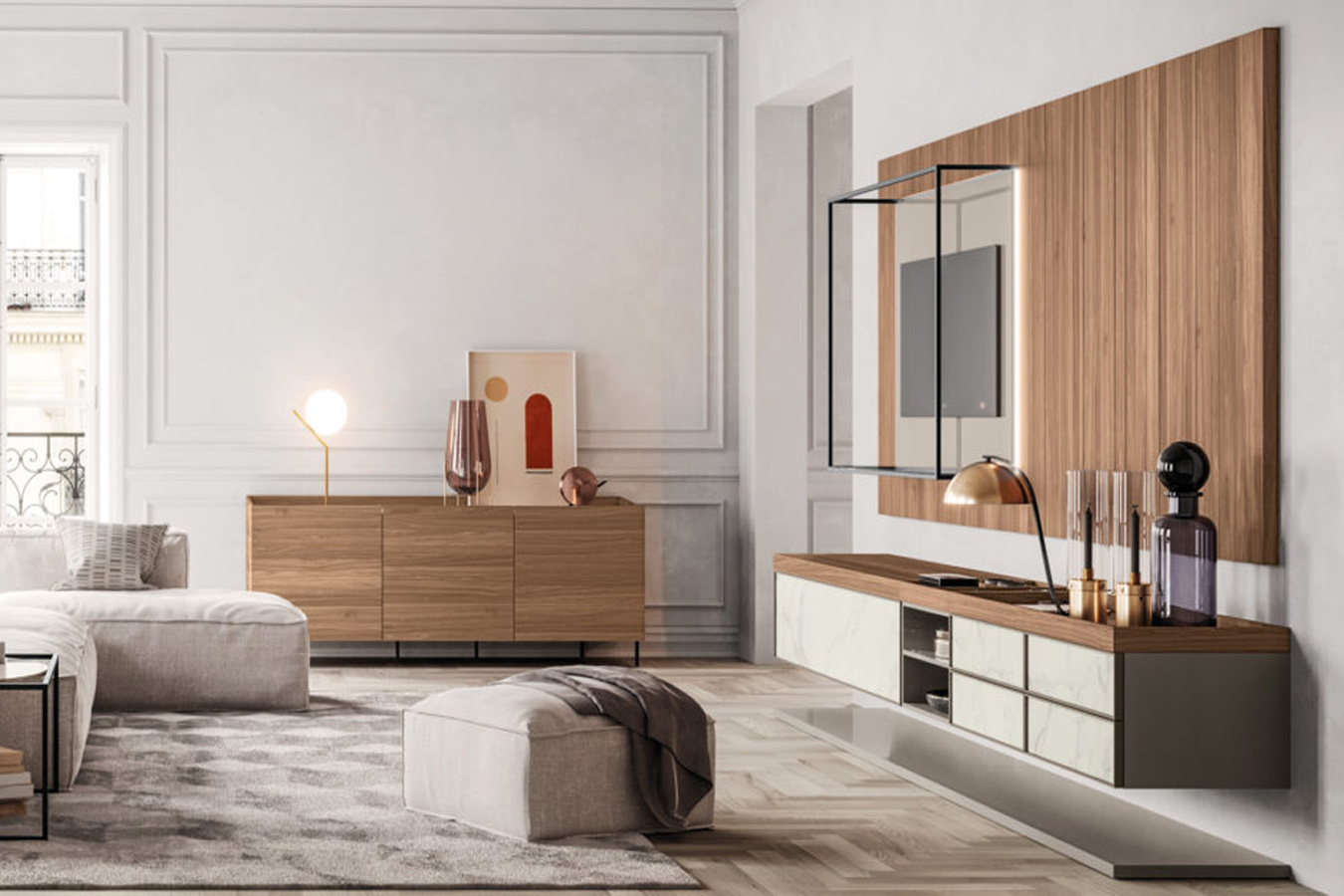 Soggiorno moderno di Kico con madia zona pranzo coordinata legno chiaro e bianco