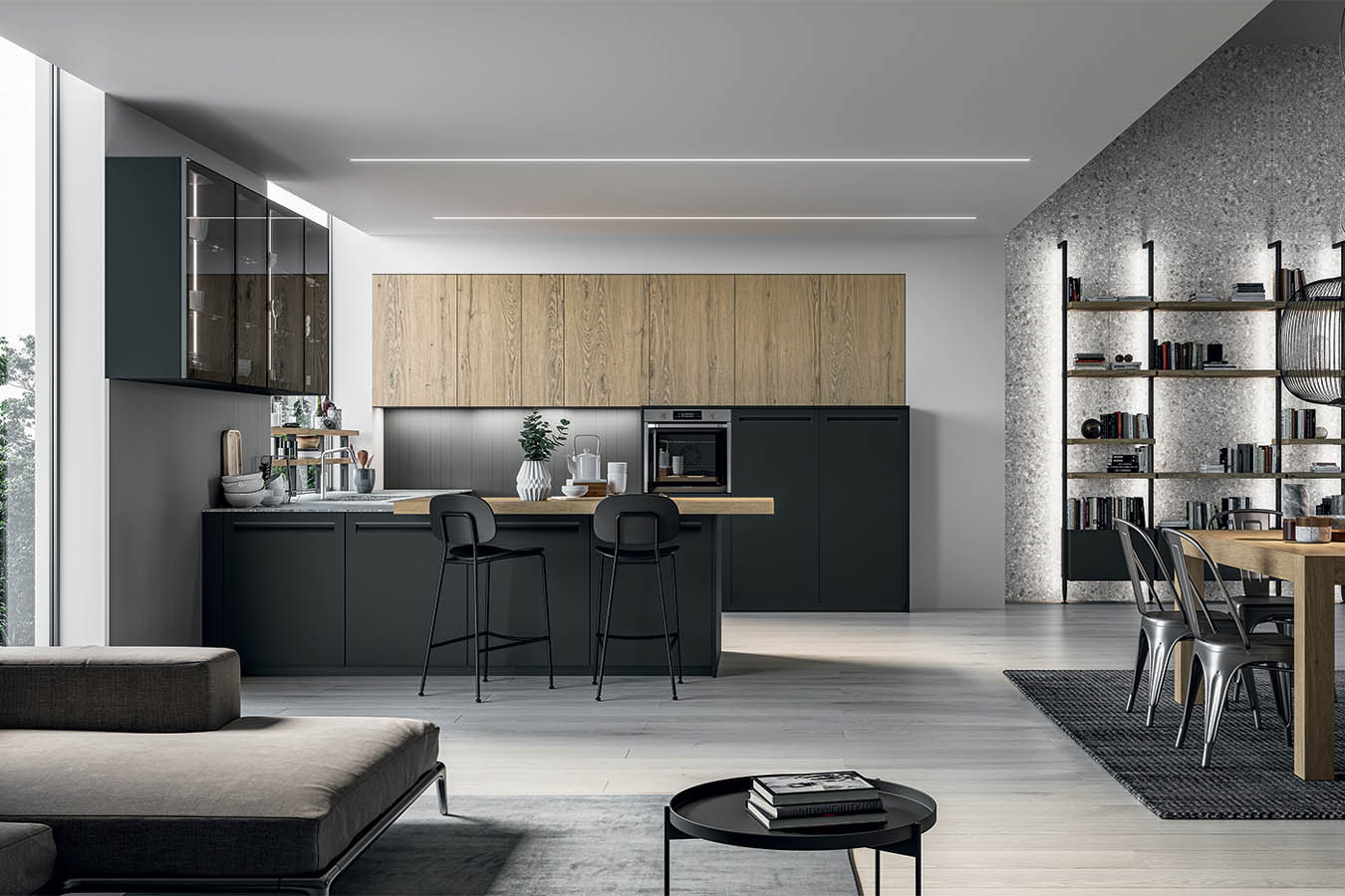 Cucina moderna Tekna di Arredo3 con finiture grigio scuro opaco e legno