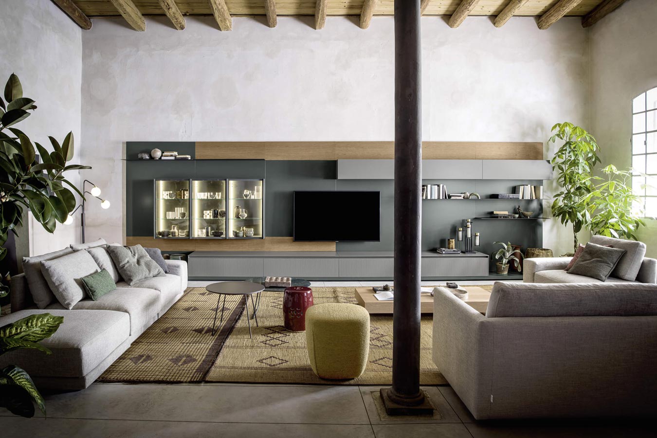 Parete soggiorno moderno grigio e legno chiaro Box di Novamobili